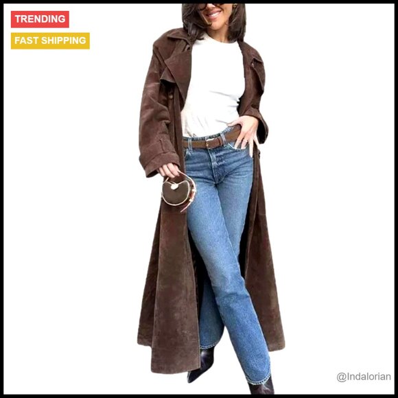 Faux Suede Long Trench Coat Double Breasted Pea Coat Belted Slim Fit Elegant